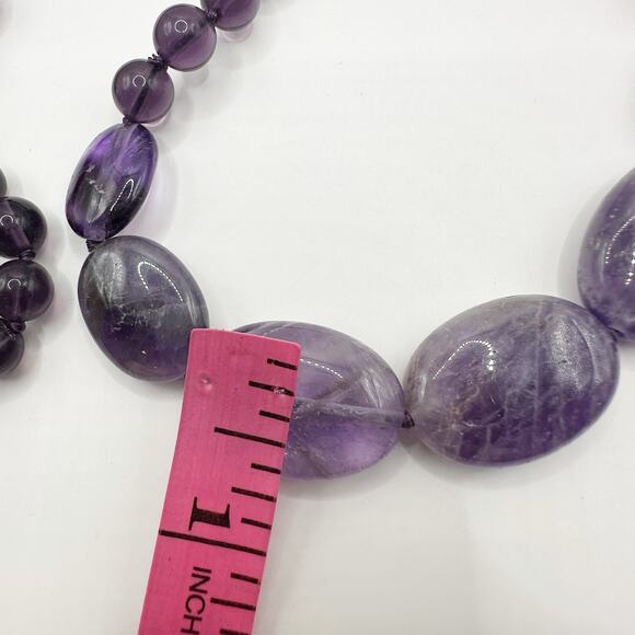 Purple Amethyst Beaded Necklace Very Long Round Beads Flat Stone Unique - Picture 6 of 12
